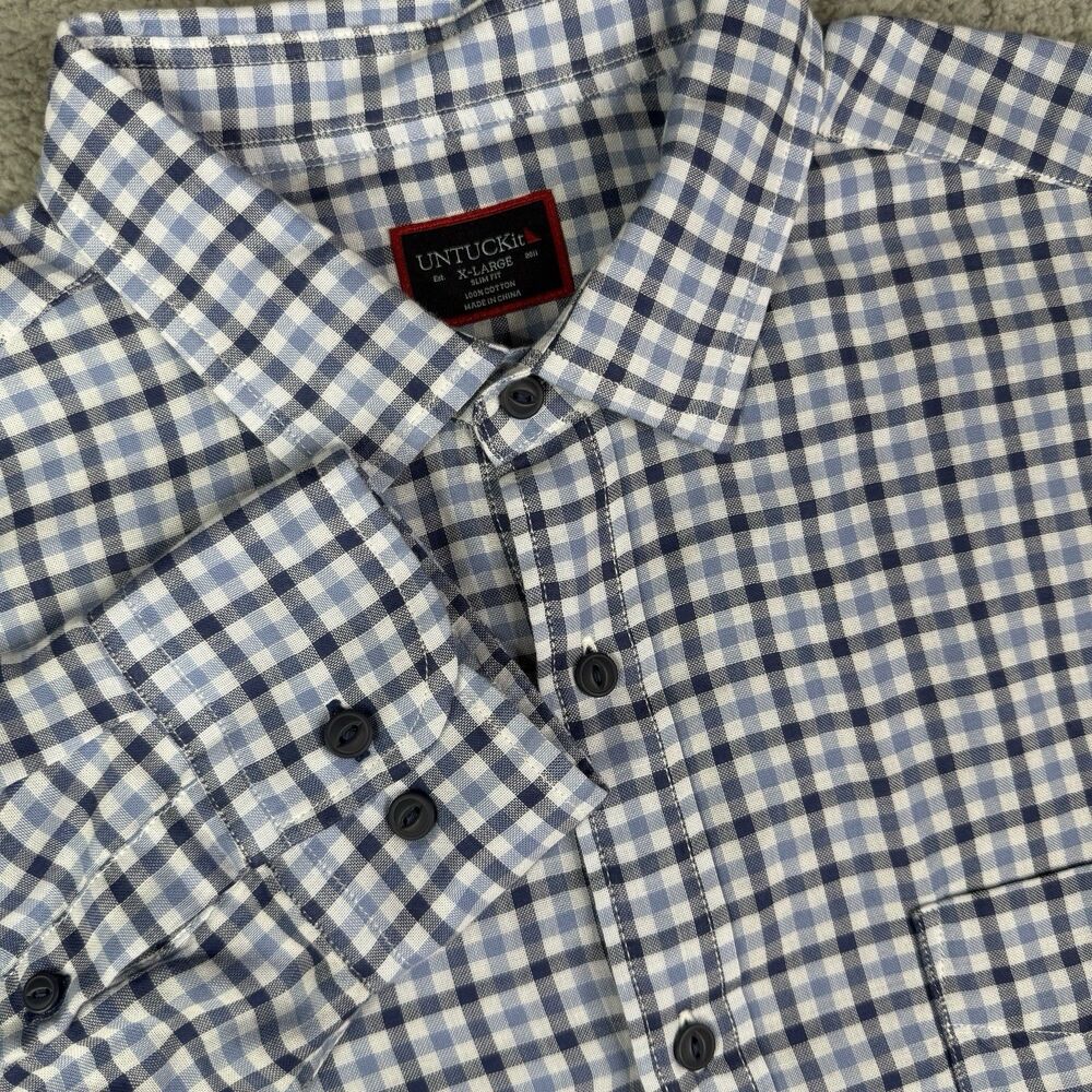 UNTUCKit Shirt Mens XL Blue White Check Slim Fit Soligo Button Down 40568 Cotton
